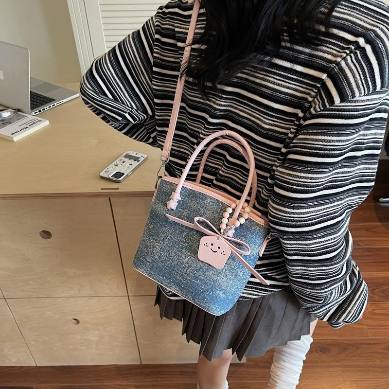 Summer trend contrasting color small bag women's new fashion messenger bag casual denim portable bucket bag