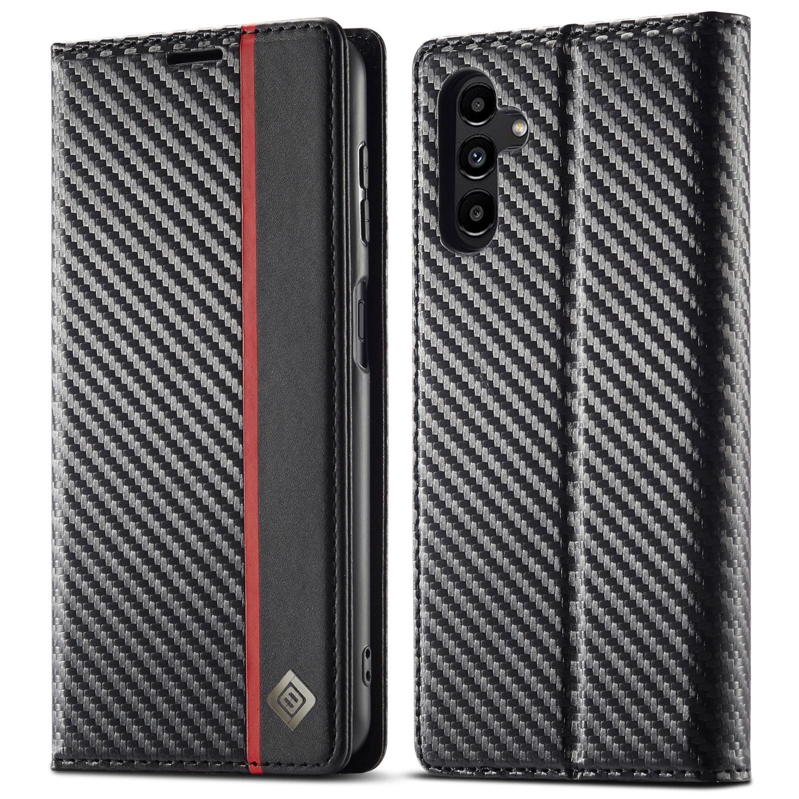 

LC.IMEEKE For Samsung Galaxy A26 5G Case Carbon Fiber Texture Phone Cover Stand Card Holder Vertical Stripe