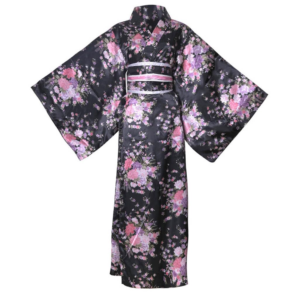 Long Kimono Japanese Style Floral Satin Yukata with Perfect for Fireworks Everyday Summer Kimono Women's Dress, Obi, Festivals, Wear, (KL02-Black)