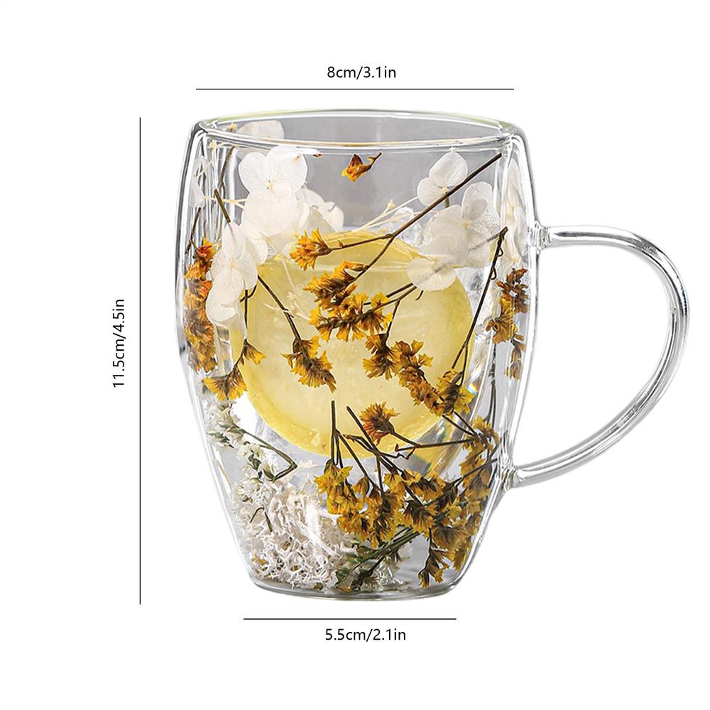350ml Double-walled Glass Cup with Dried Flowers Anti-Scalding Cold Beverages Mugs for Milk Chocolate Tea Juice Hot Water