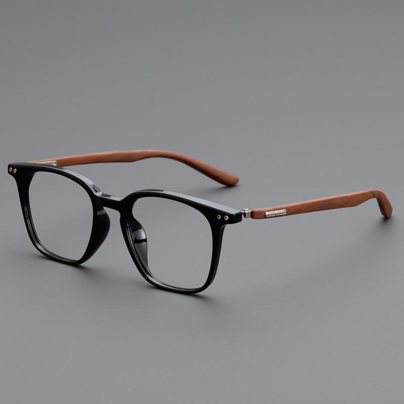 Square Full Frame Glasses Faux Wood Temple Retro Eyewear for Men Women Fashion Daily Use TR90 Lightweight Spectacles