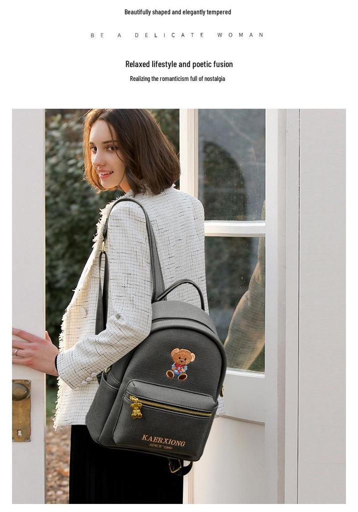 Korean Style Cute Bear Embroidery Backpack for Women - Large Capacity Soft Leather, Fashionable Casual Travel Bag