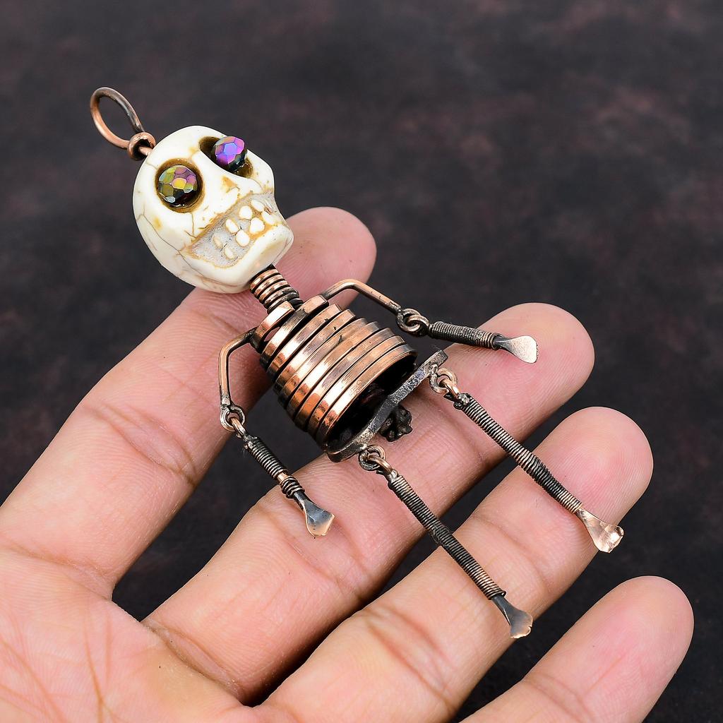 Howlite Pendant Copper Wire Wrapped Pendant Titanium Bead Eyes Pendant Skeleton Pendant Handmade Gemstone Jewelry Skull Bone Face Pendant