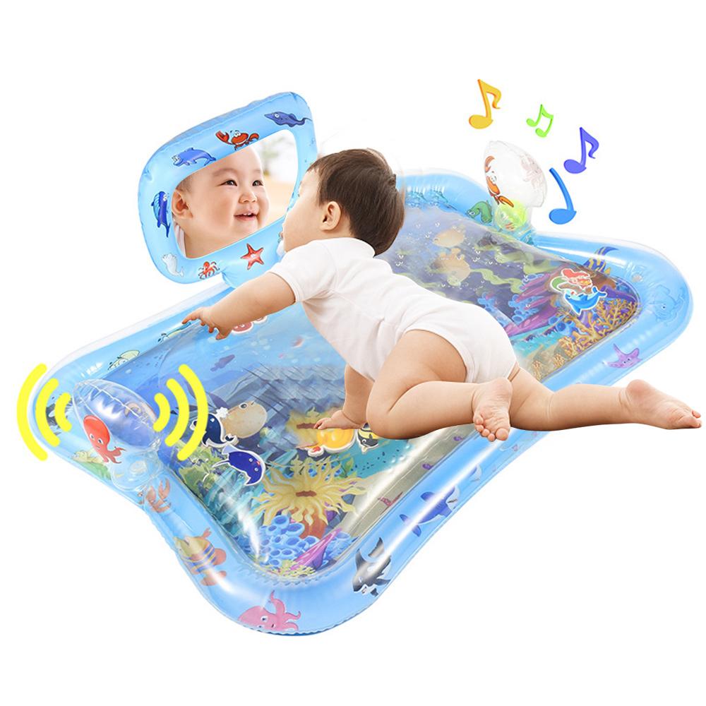 Tummy Time Water Mat for Baby Boy Girl PVC Inflatable Play Mat with Mirror Rattle Buzzer for Infants Toddlers Fun Play  