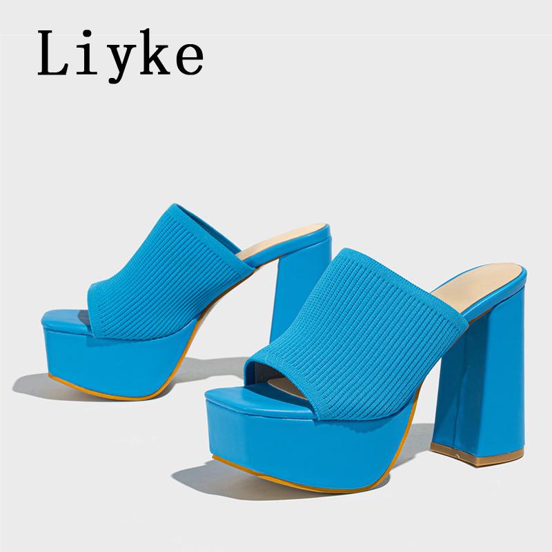 

Fashion Liyke Summer Fashion Green Knitting Women s Slippers Banquet Nightclub Platform Chunky High Heels Slide Mule Shoes Female Sandal 35 синий