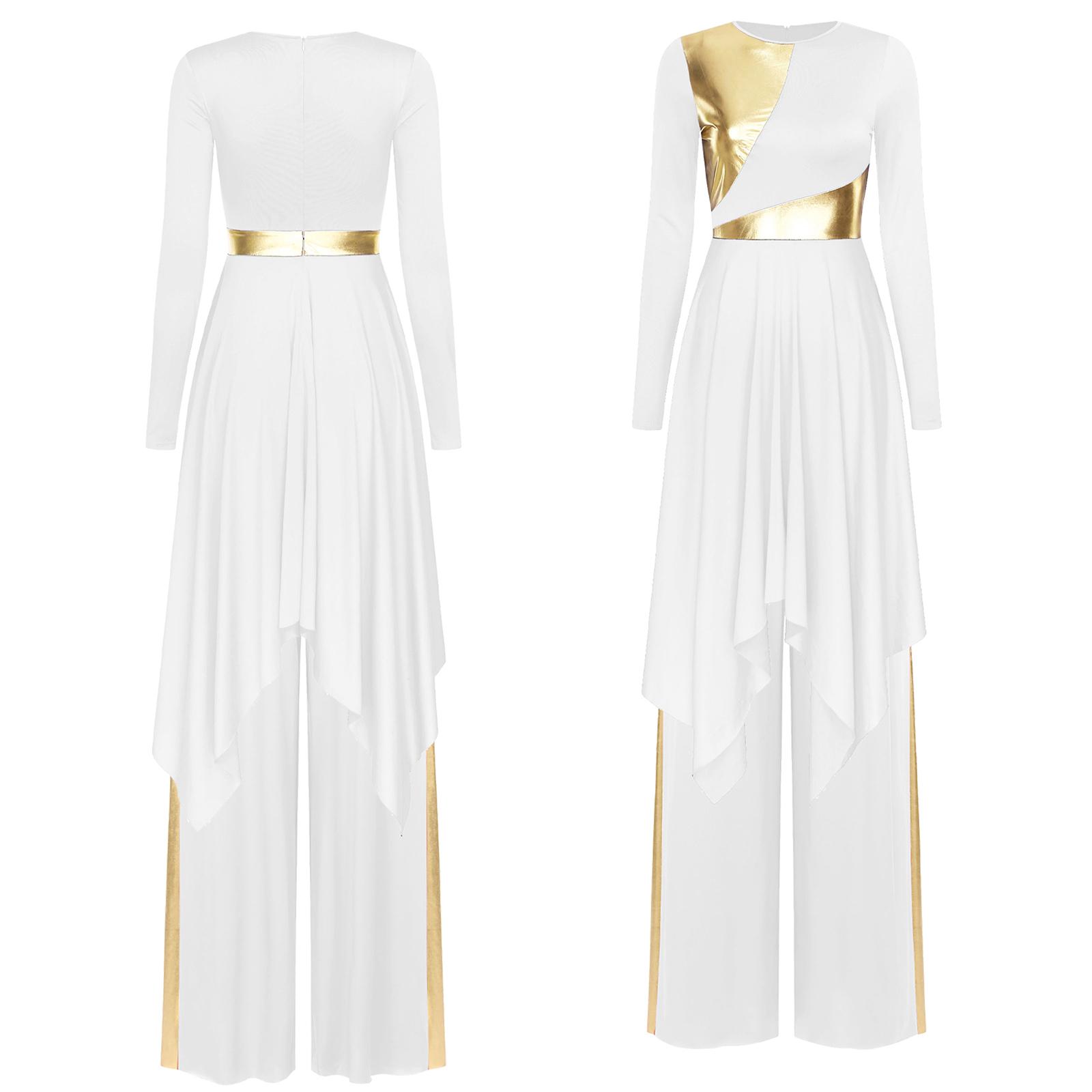 

Women s Liturgical Dance Outfit S-XXL: Long Sleeve Irregular Hem Metallic Color Block Dress with Wide-Leg Pants for Church Worship M білий