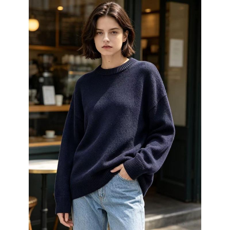 European and American Knitted Sweater Women's Loose Round Neck Solid Color Long Sleeve Thickened Large Size Autumn and Winter Casual Pullover
