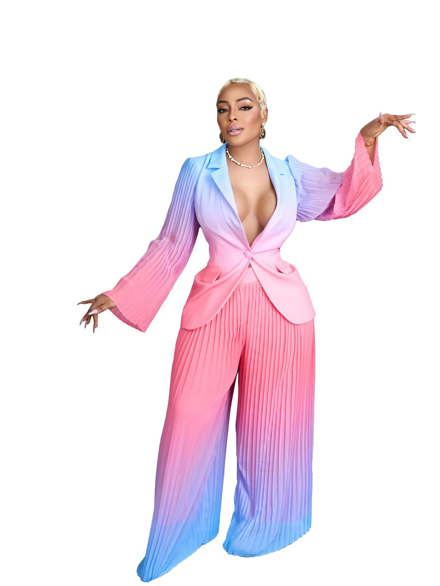 

Комплект облегающего костюма с градиентом и плиссировкой и брюк широкого кроя Осень/Зима 2023 Extra Large