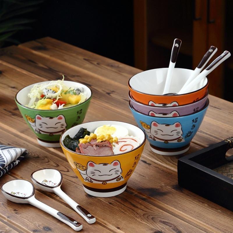 Japanese Ceramic High Bowl Multi-Sized Colorful Lucky Cat Soup Bowl Salad Bowl Underglaze Children Kitchen Household Tableware