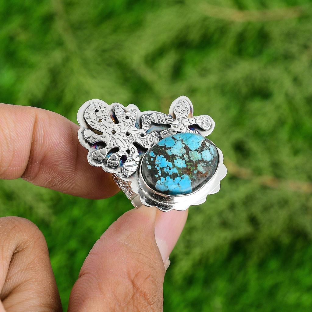 Mothers day Sale 925 Sterling Silver Natural Tibetan Turquoise Statement Ring
