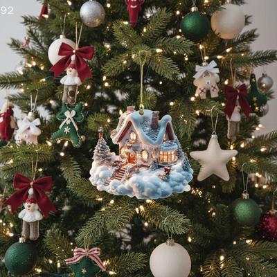 Snow House Christmas Tree Hanging Ornament Holiday Party Decorations For Xmas Tree Pendant 2D Acrylic Flat Christmas Pendant