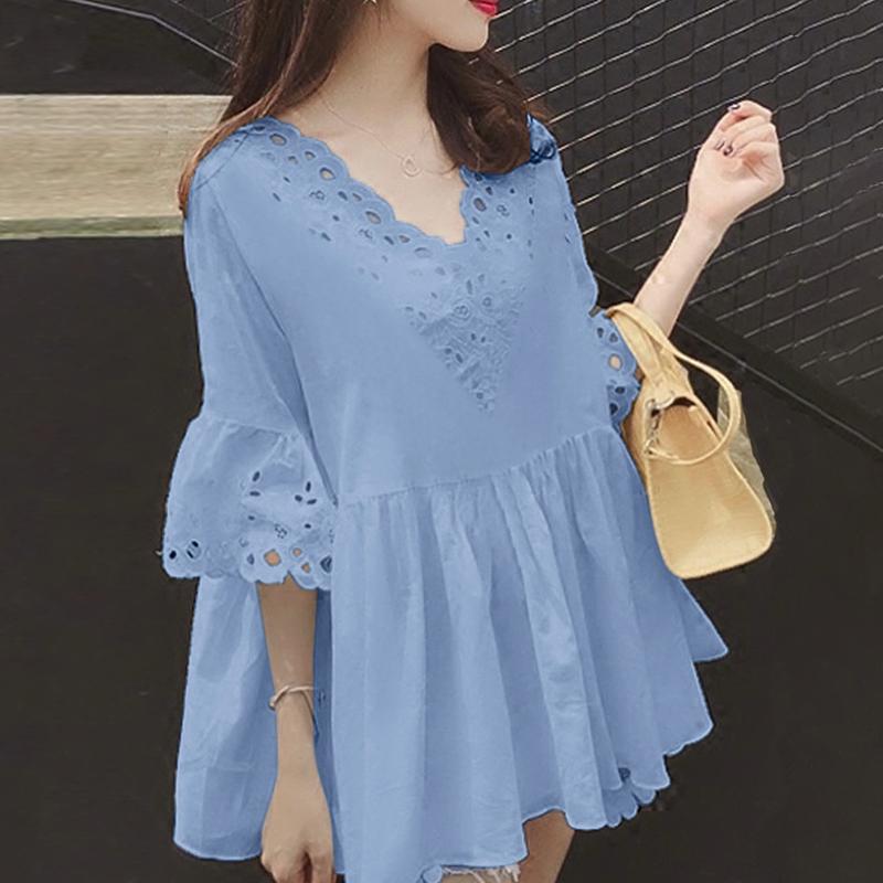 ZANZEA Women Lace Crochet V-Neck Loose Casual 3/4 Sleeve Blouse