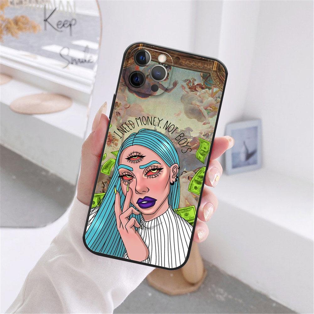 Pouzdro Fashion Devil Girl pro iPhone 12 13 11 Pro Max mini XR 7 8 Plus 2020 X Xs Max černé měkké TPU kryt