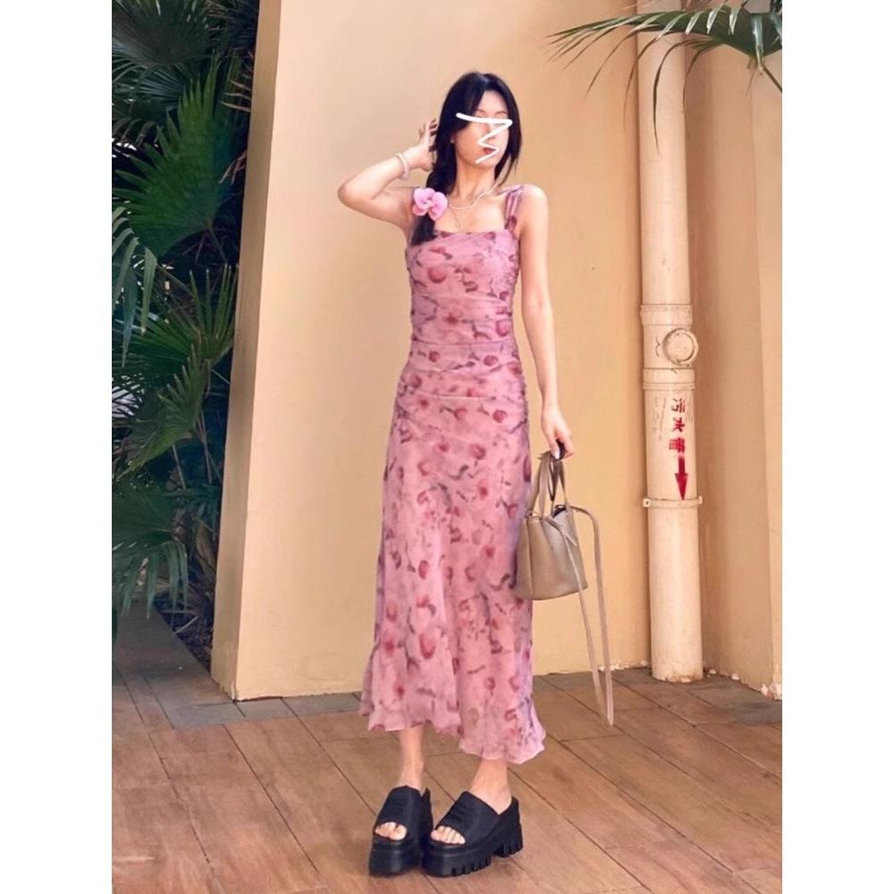 Pink Suspender Floral Dress Women's Summer New Versatile Fairy Temperament Slim and Thin Waist Long Skirt