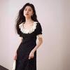 Black French Lotus Leaf Collar Floral Tea Dress - 2024 Summer Luxury Mid-Length Short Sleeve