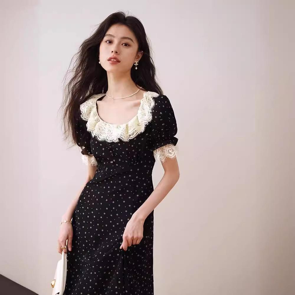 Black French Lotus Leaf Collar Floral Tea Dress - 2024 Summer Luxury Mid-Length Short Sleeve