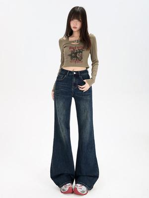 Women's High Waist Retro Flared Jeans - Slimming, Straight-Leg, Loose Fit, Casual Style for 2026