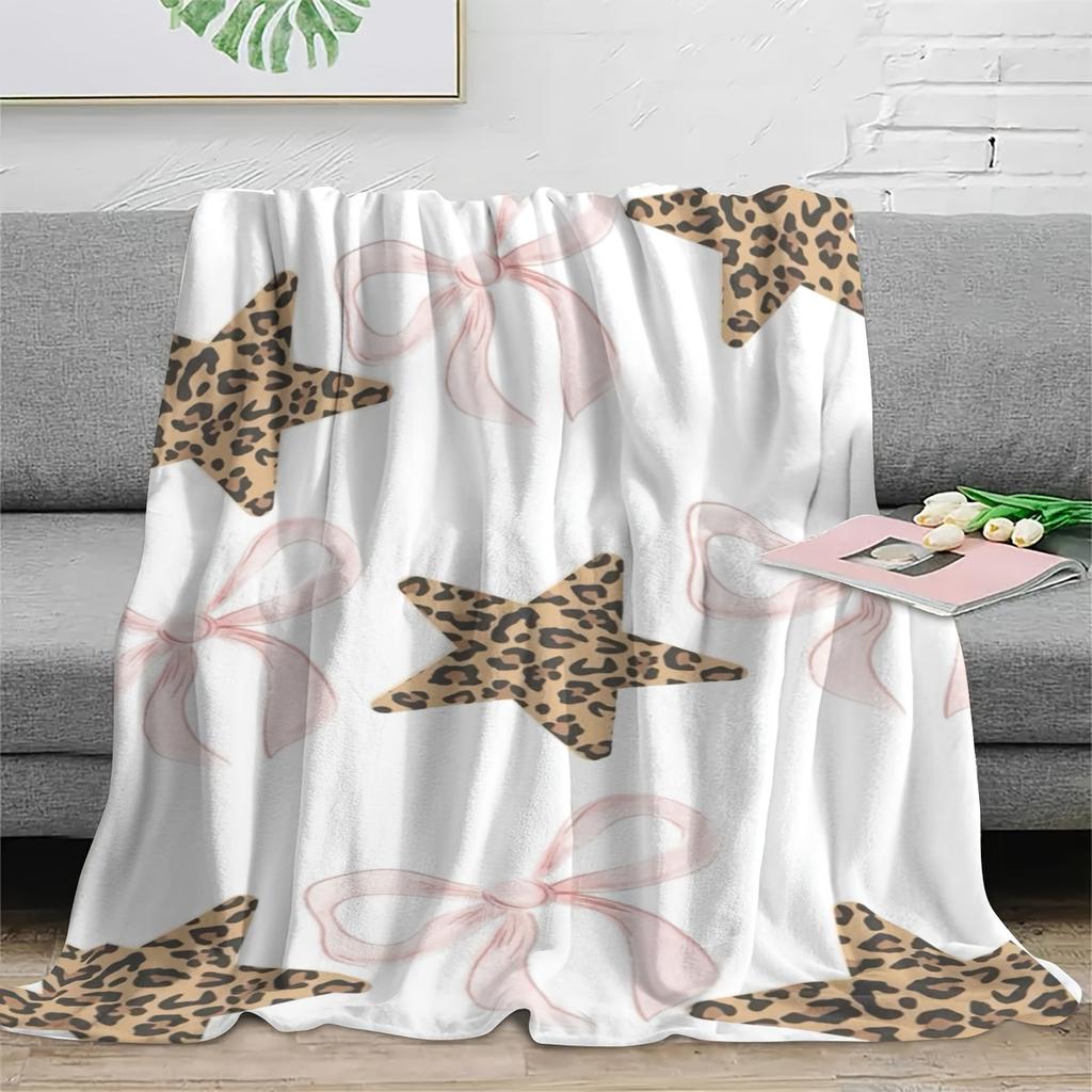 Leopard Print Star Flannel Blanket - Bed, Sofa, Office, Travel, Gift, Decor, Chair, Cozy and Warm, Christmas