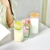 High Value Glass Straw Cup with Cover  Square Color Handle Transparent Glass Milk Tea Flat Bottom Single Layer Cup