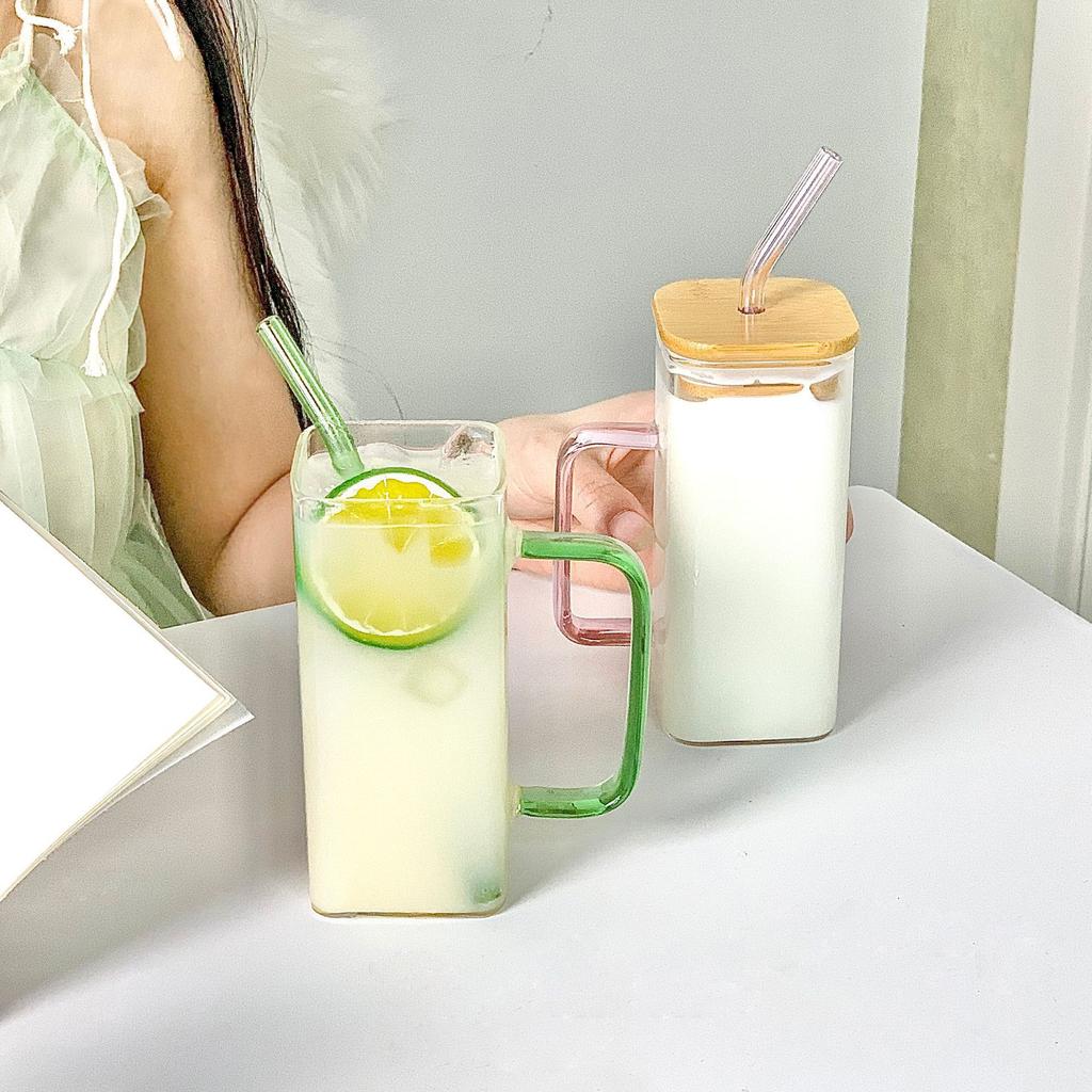 High Value Glass Straw Cup with Cover  Square Color Handle Transparent Glass Milk Tea Flat Bottom Single Layer Cup