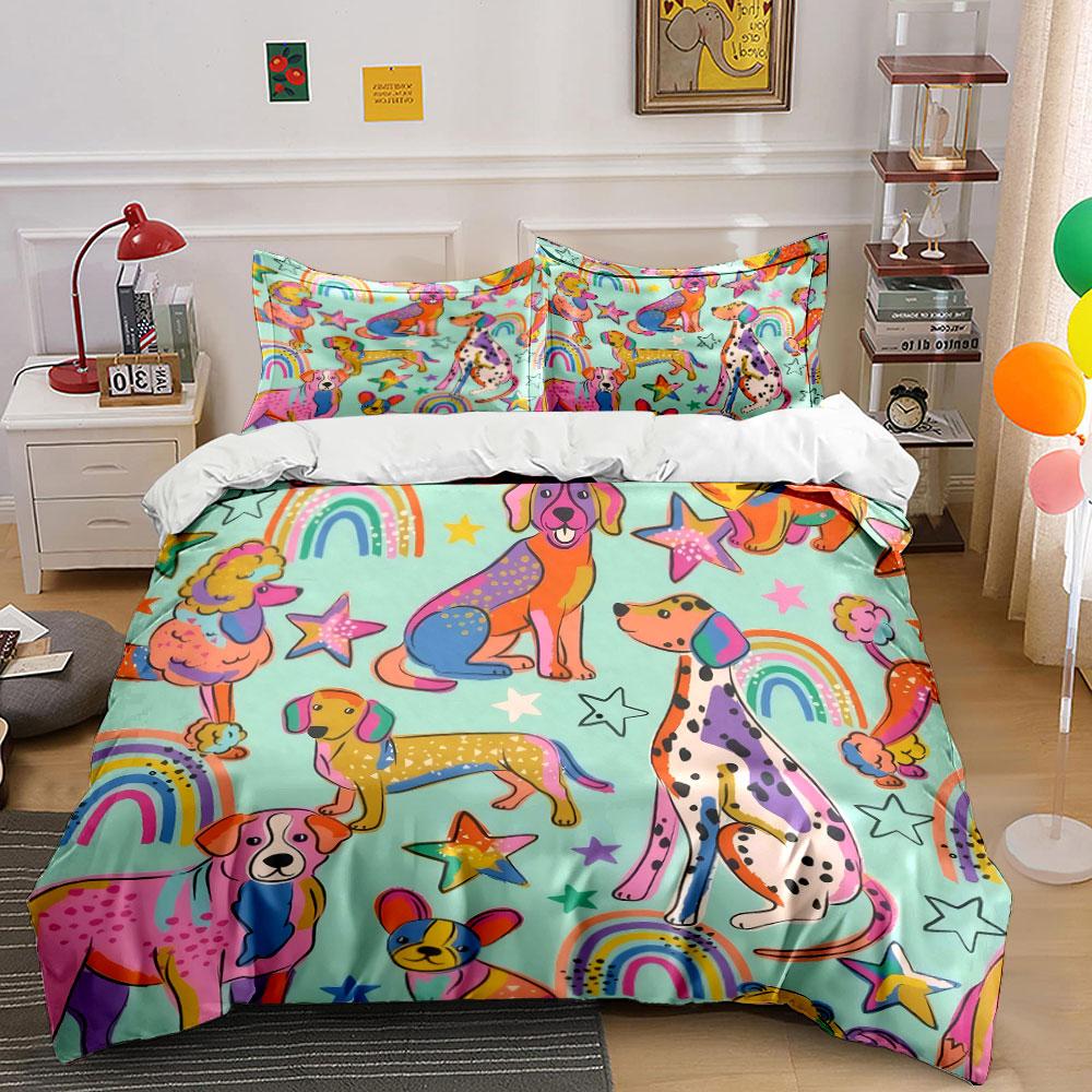 Colorful Dog Print Decoration Set Bedding Set with 1 Duvet Cover 2 Pillowcases Single Double King Queen, Gift
