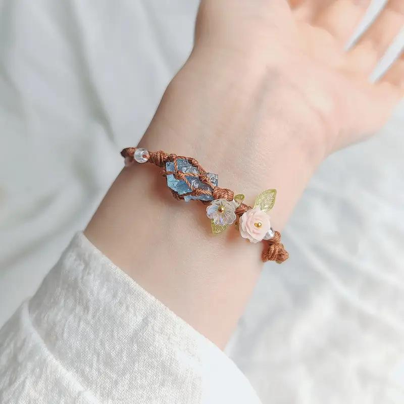 

Natural Rose Quartz Aquamarine Stone Beaded Handmade Bracelet Macrame Crystal Net Wrap Adjustable Rope Unisex Friendship Gift