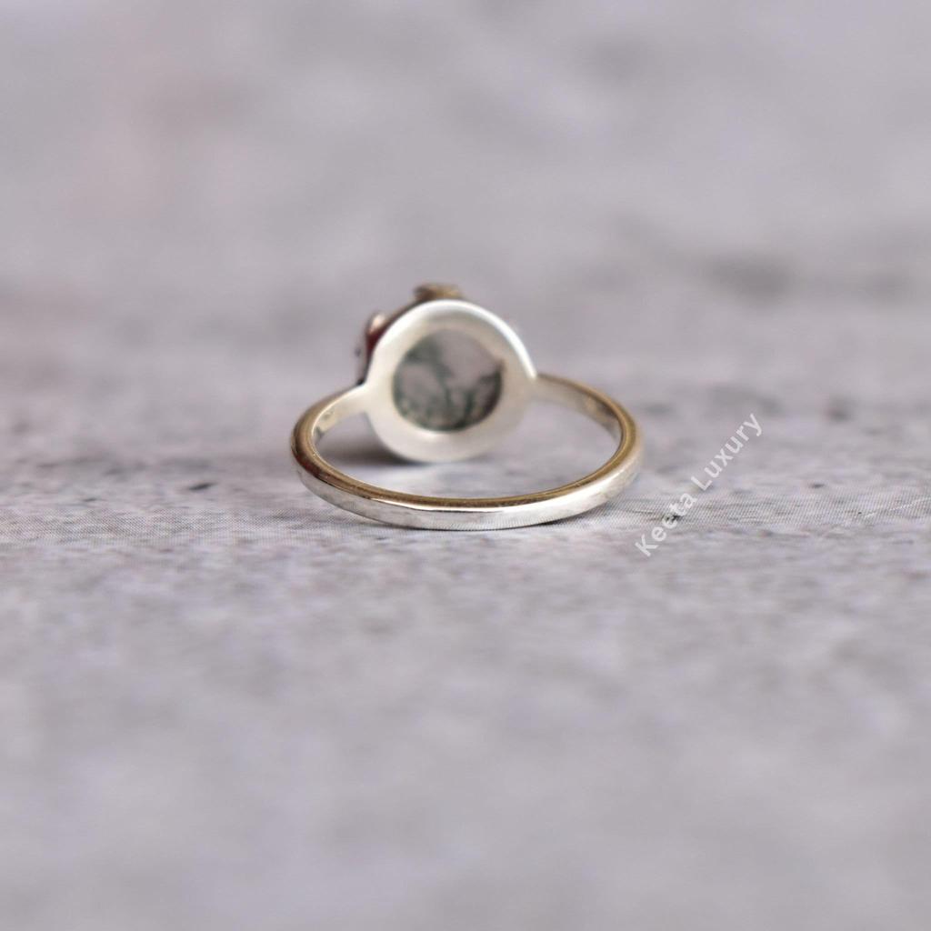 Round Cut Natural Moss Agate dainty ring , Nature Inspired Leaf Ring , healing gemstone bohemian ring , Bridesmaid gift , Gift for her