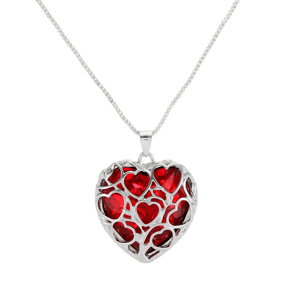 Luxury Hollow Out Heart Rhinestone Locket Pendant Necklace Green Red Pink Purple Blue Roseo Color Crystal Inside For Women