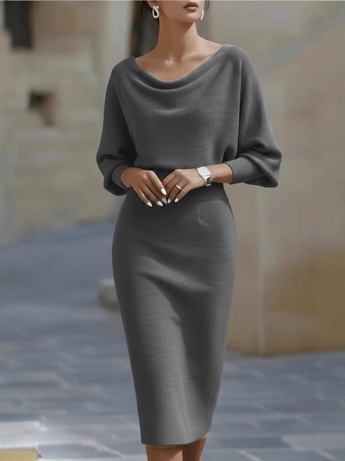 European and American temperament commuter swing collar drape bat sleeve medium long dress women's clothing