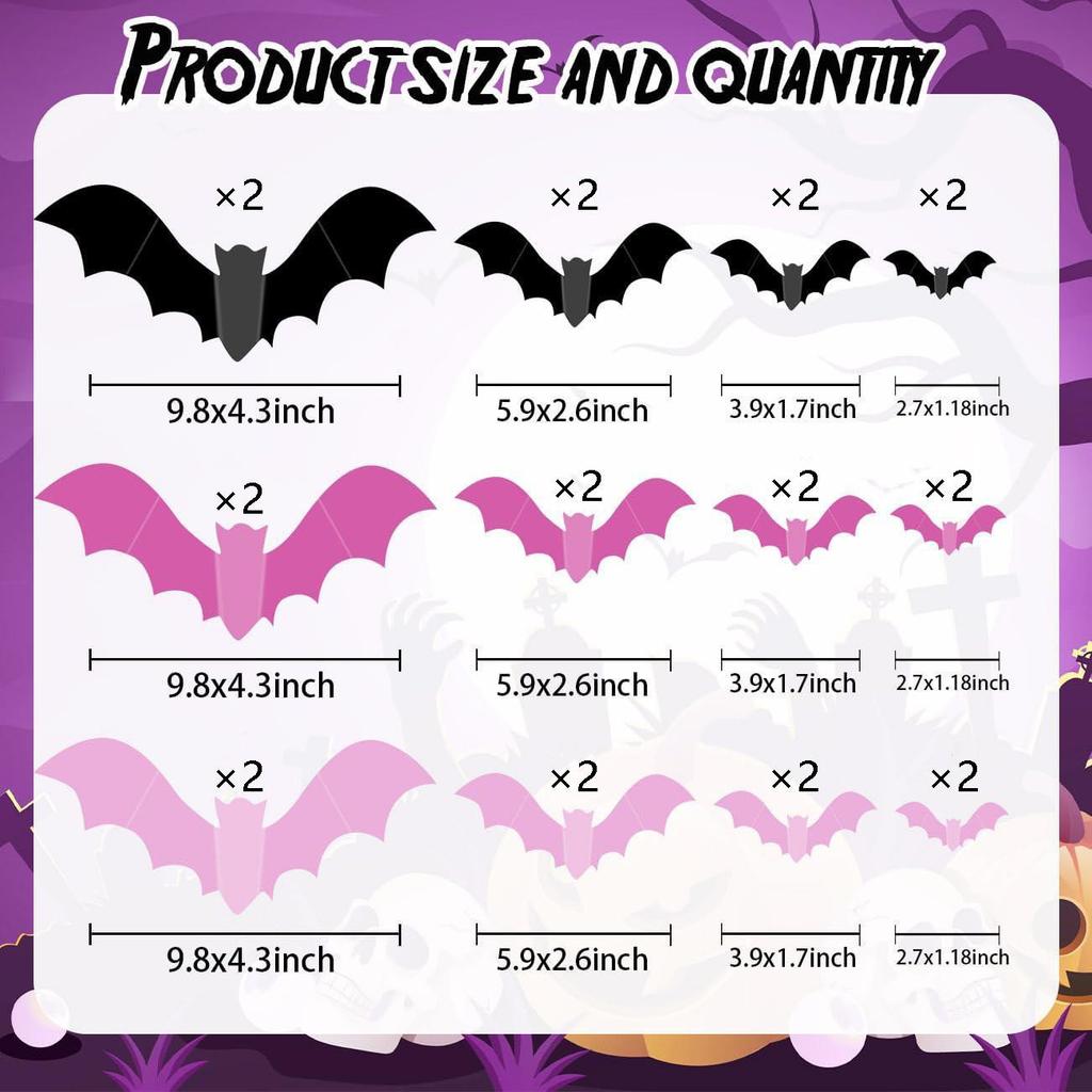 Black & Pink Halloween Bat Wall Stickers for Kids' Room Decoration & Party Ambiance