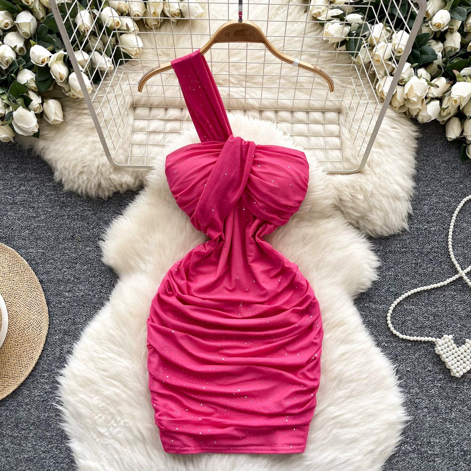 

Летние женские одно плечо без бретелек сексуальные блестящие облегающие облегающие мини-короткие платья для клубных вечеринок M розы красного