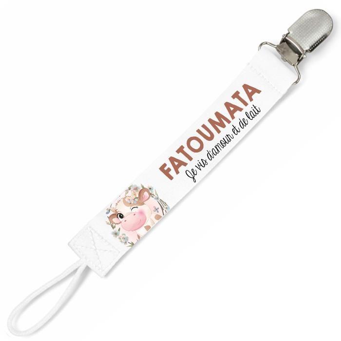 Planetee Attache tétine pour prénom FATOUMATA je vis d'amour et de lait Vache | Attache sucette cadeau naissance