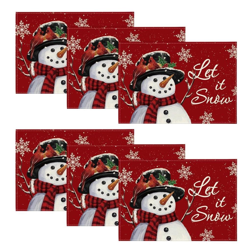 Red Snowman Let It Snow Winter Placemats Set of 4, 12x18 Inch Seasonal Christmas Holiday Table Mats for Party Kitchen Dining Decoration