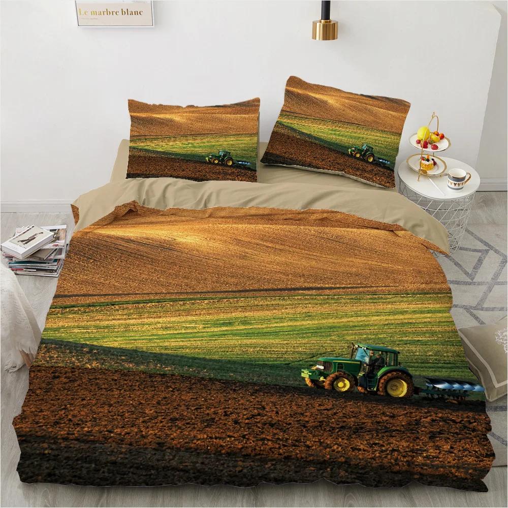 Tractor Kids Duvet Cover,Monster Truck On Farm Pattern Comforter Cover Set King/Queen Size,Country Boys Hobby Car Bedding Set