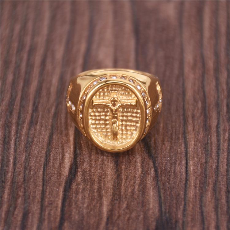 European & American Hip Hop Style Cross Diamond Gold-Plated Stainless Steel Ring