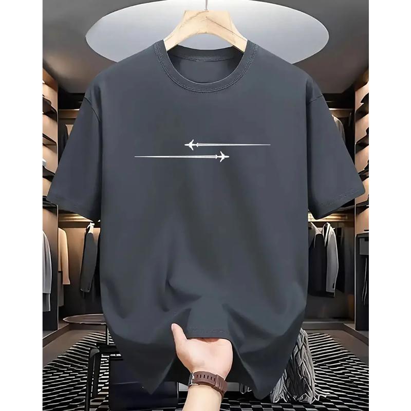 T-shirt d'été décontracté pour homme, tissage lâche, motif avion créatif imprimé, confortable, sport, col rond, manches courtes