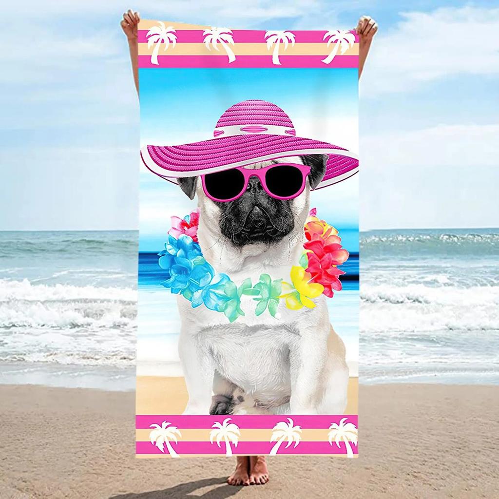Cute Pug Dog Print Beach Towel Quick Dry Microfiber Towel Soft Lightweight Absorbent Towel for Summer Beach Pool and Travel Use