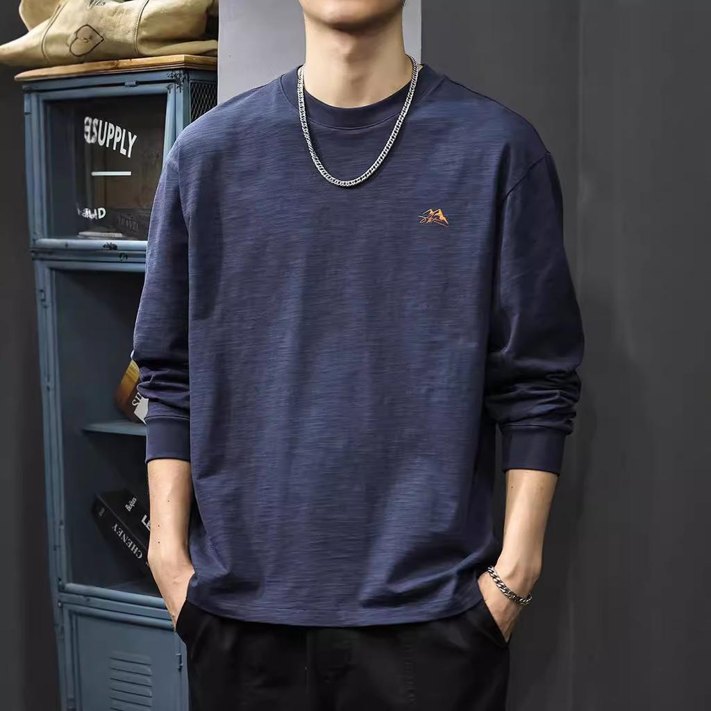 Spring And Autumn Texture Bamboo Cotton Men'S Long Sleeve T-Shirt Retro Trendy Brand Printed T-Shirt Autumn Loose Sweater