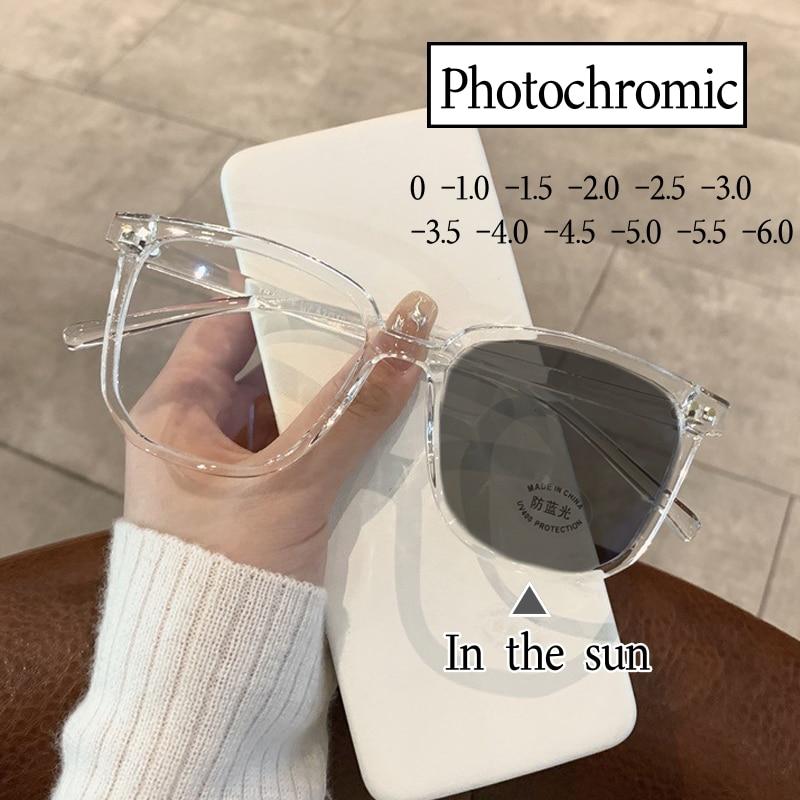 Luxury Square Short-sighted Glasses Women's Trendy Photochromic Myopia Outdoor Color Changing Sunglasses  Minus Diopter Eyewear