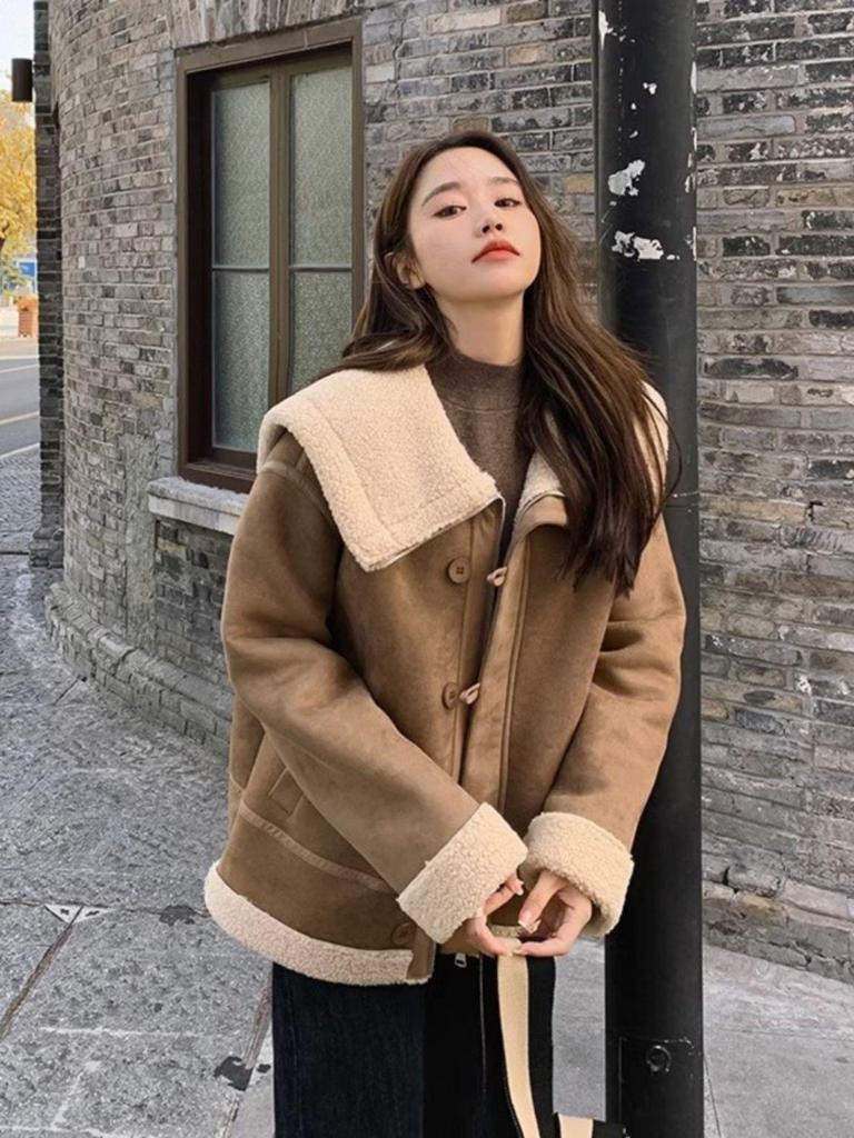 2024 Women's Korean Style Cold-Proof Fur-Integrated Motorcycle Jacket, Petite Fit, Plus Velvet