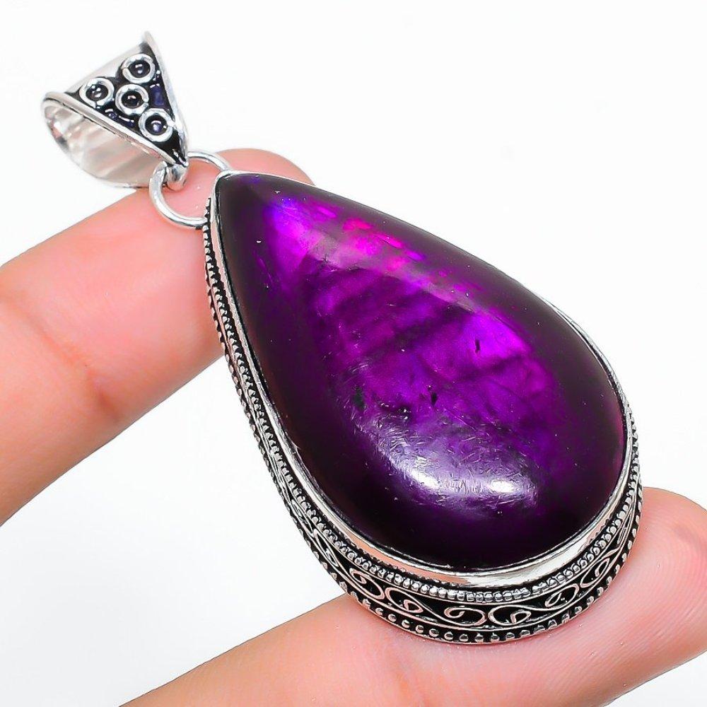 Natural Purple Labradorite Gemstone 925 Sterling Silver Pendant 2.48" e9v26