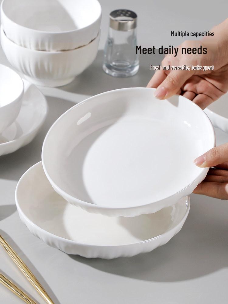 Pure White Ceramic Tableware Set: Dinner Bowls, Rice Bowls, Plates, Dishes, and Double-Ear Soup Bowls for Home Use.