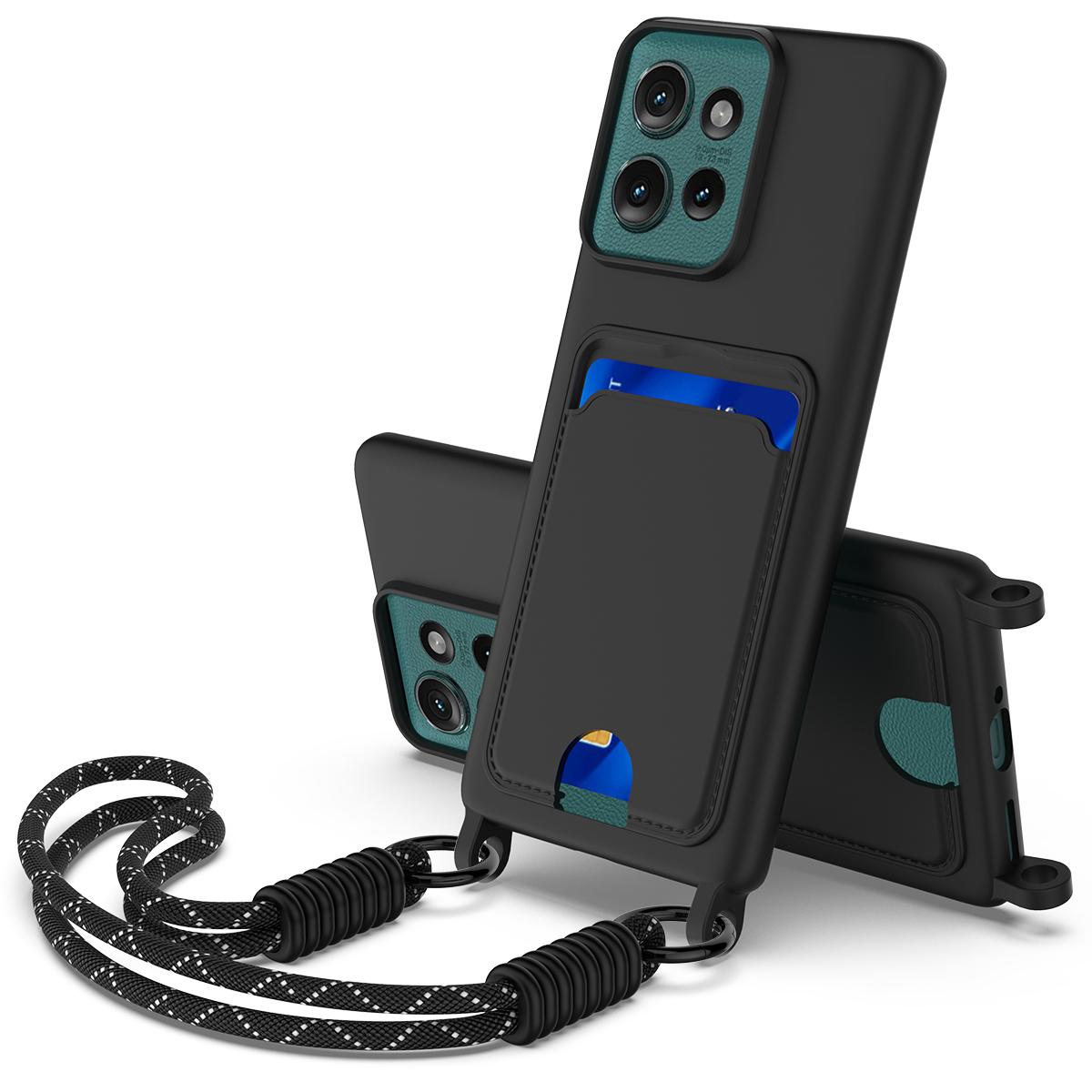 

Для Motorola Edge 50 5G Чохол з рідкого силікону Задня кришка телефону з тримачем для карток та коротким ремінцем Black