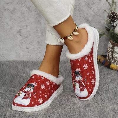 Weihnachts-Baumwollpantoffeln Damen Neu Schneemann Cartoon Baumwollschuhe Herbst Winter Lässig zum Hineinschlüpfen Bequem Innenpelzige Pantoffeln