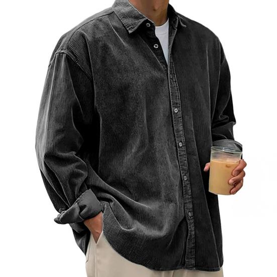 Men Corduroy Shirt Button Down Long Sleeve Lapel Shirt Classic Solid Color Loose Casual Shirt Jacket for Work Dating Street Wear