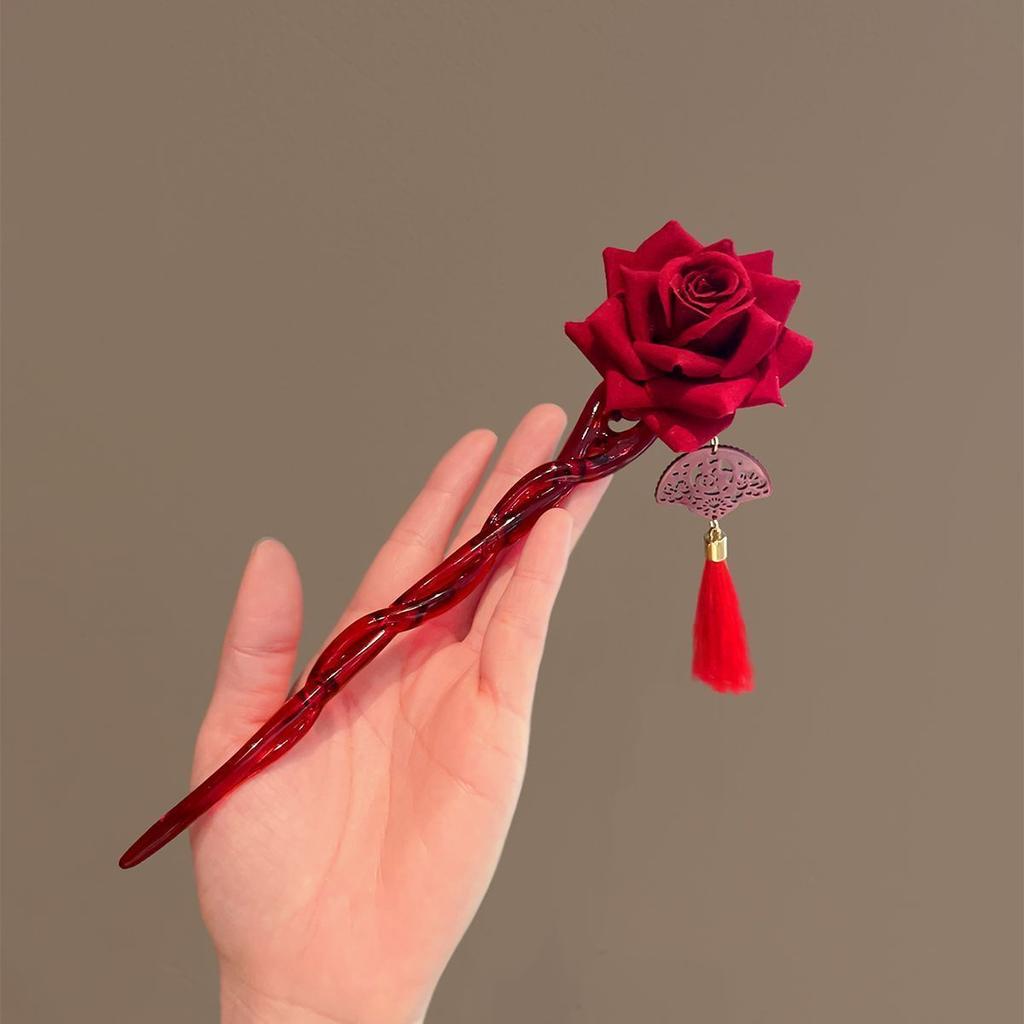 Retro Red Rose Hair Stick Elegant Bun Hairpin Festive New Year Atmosphere Women Hair Accessories
