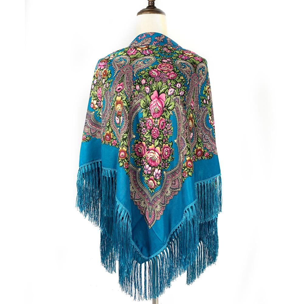 135*135cm Women Russian National Square Scarf Ukrainian Fringed Banadna Handkerchief Ethnic Shawls Babushka Head Wraps