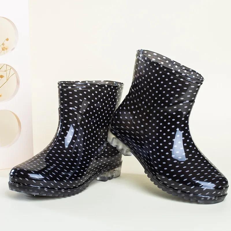 Black Polka Dots Women's Rain Shoes Waterproof And Non-slip Kitchen Work Rubber Shoes Pvc Short Tube Rain Boots Summer Shoes