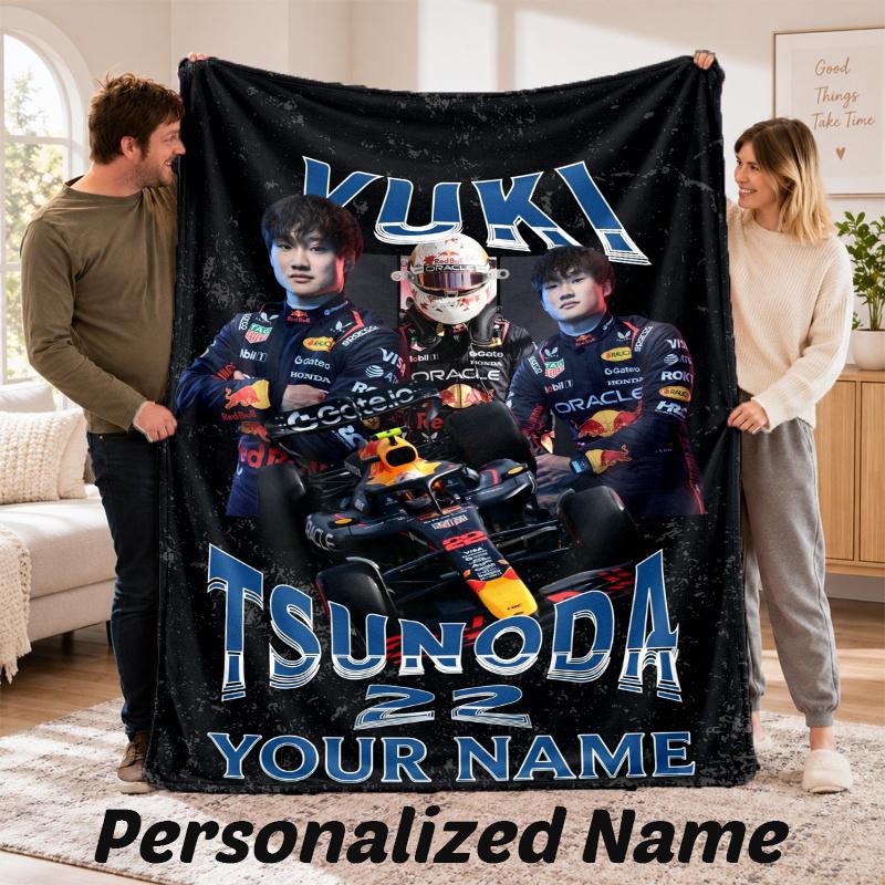 Custom Name Yuki Tsunoda Flannel Throw Blanket Personalized Text Soft Blanket Bed Sofa Gift