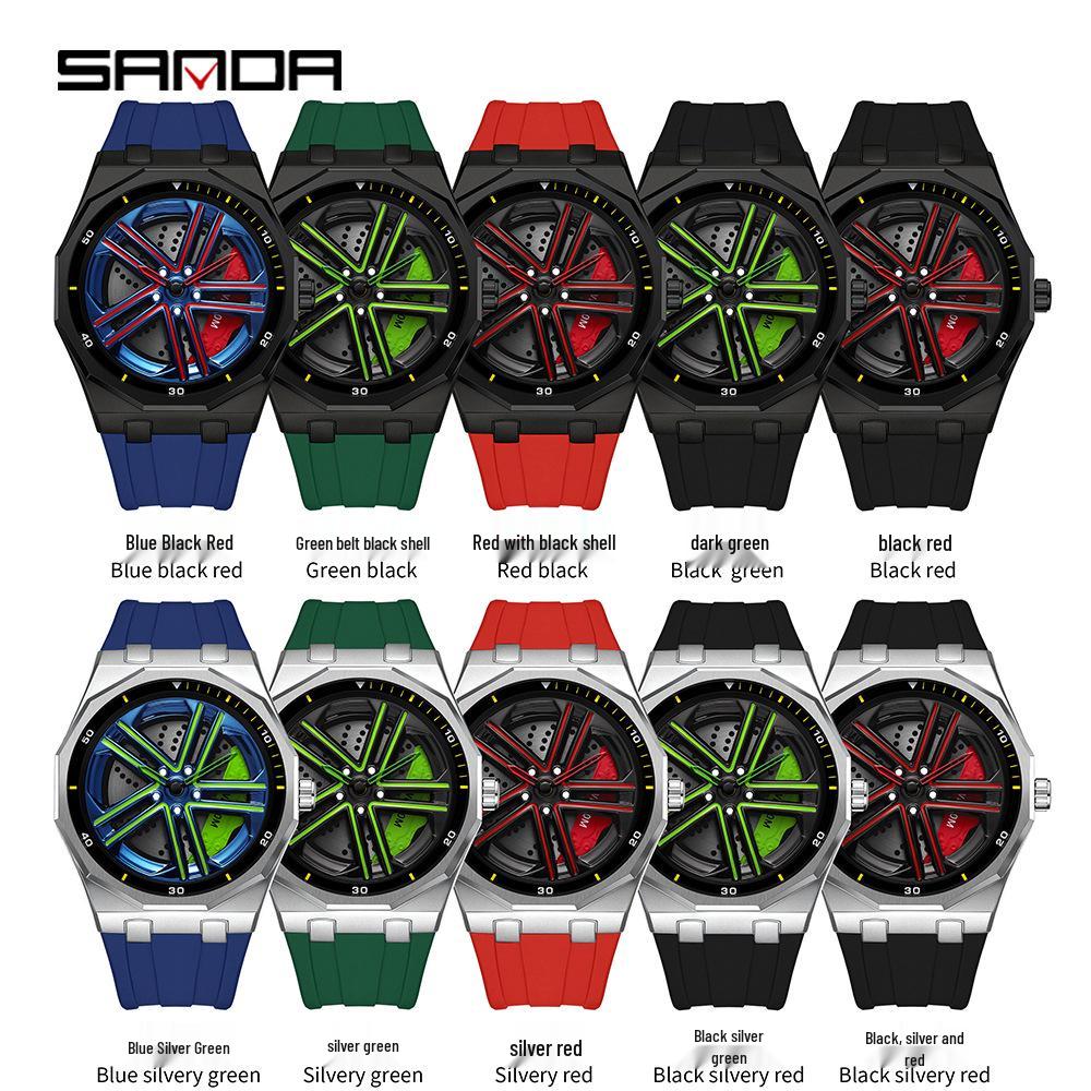 Sanda Men's Waterproof Alloy Car Wheel Design Silicone Wristwatch